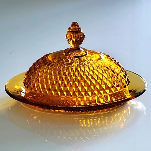 Vntg π"Diamond Point Amber" Lidded Oval Dish by Indiana Glass πΊπΈ - Picture 1 of 8